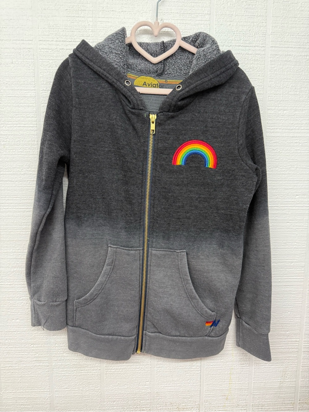 Aviator Nation Kids Charcoal-to-Gray Ombre Zip Hoodie with Rainbow Patch